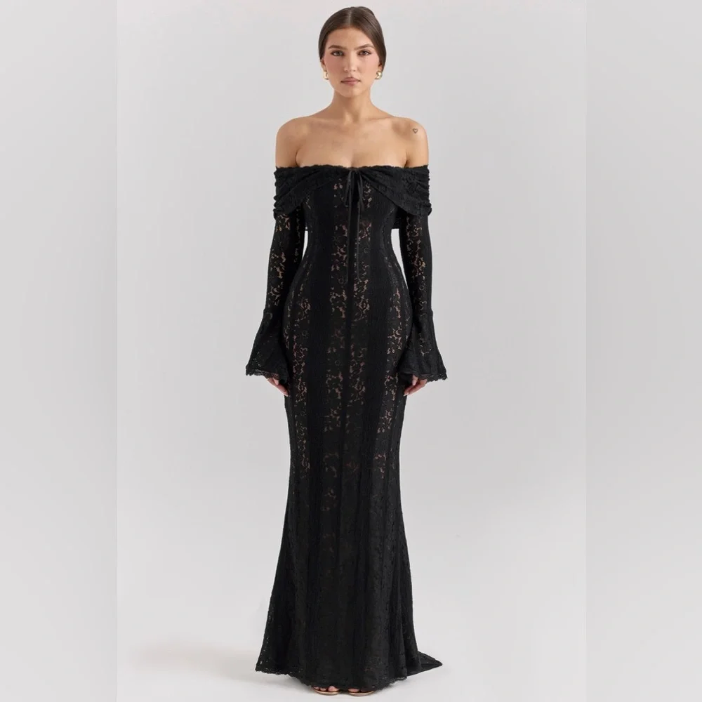 Black Off-Shoulder Lace Gown - Picture 1 of 4